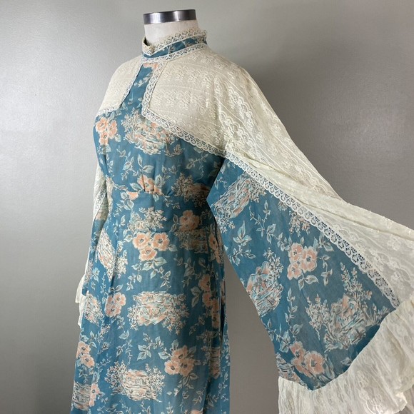 Vtg 70s Gunne Sax By Jessica Floral Voile Dress XS S Lace Boho Bell Sleeve - Picture 4 of 14